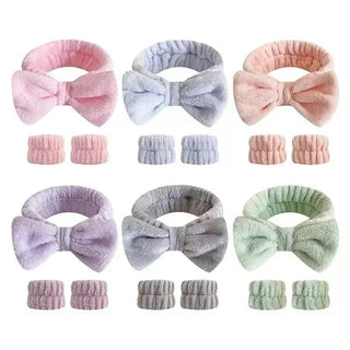2/3Pcs Bow Headband Wristband Set Towel Elastic Soft Washing Face Shower Make up Yoga Sports Skincare Headband for Women Girls - Post & Poppy