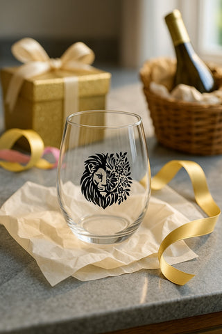 Floral Lion Stemless Wine Glass – 15 oz