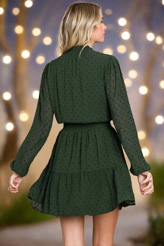 Back of green swiss dot mini dress showing tiered skirt and gathered waist