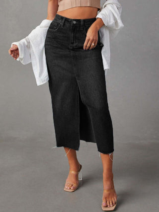 Raw Hem Front Slit Denim Midi Skirt – Casual Chic with Pockets - Post & Poppy