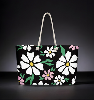 Floral-patterned tote bag on a black background