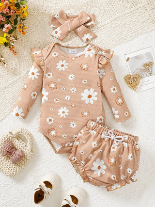 Daisy Ruffle Baby Outfit – Floral Bodysuit, Bloomers & Headband Set - Post & Poppy