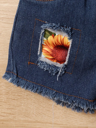 Sunflower Toddler Girl Outfit – Ruffle Top & Denim Shorts Set - Post & Poppy