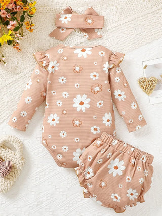 Daisy Ruffle Baby Outfit – Floral Bodysuit, Bloomers & Headband Set - Post & Poppy