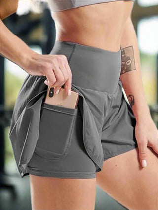 Gray Women’s High Waist Running Shorts with phone pocket and elastic waistband