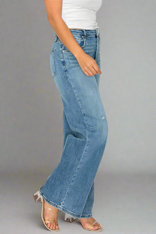 Side view of high rise wide leg jeans with moderate stretch