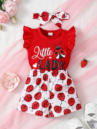 "Little Lady" Ladybug Outfit – Ruffle Sleeve Top, Shorts & Headband Set - Post & Poppy