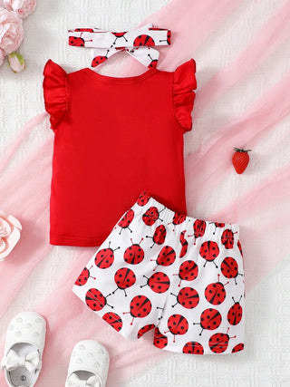 "Little Lady" Ladybug Outfit – Ruffle Sleeve Top, Shorts & Headband Set - Post & Poppy
