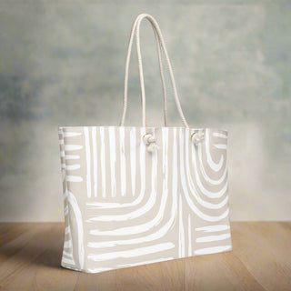 Top view of neutral abstract tote bag with wide opening