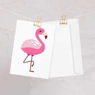 Pink Flamingo Greeting Card with envelope clipped to string for display
