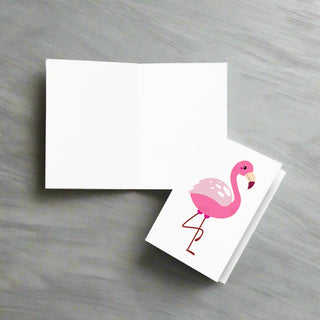 Open Pink Flamingo Greeting Card showing blank inside with vibrant bird print on the right side