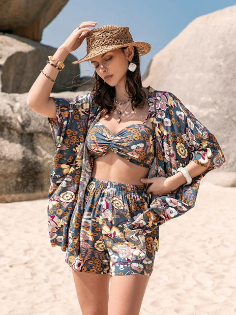 3 - Piece Printed Bra, Cover - Up, and Shorts Set - Post & Poppy