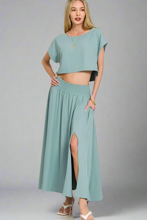 Smocked Waist Crop Top and Midi Skirt Set - Post & Poppy
