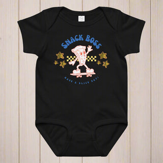 Black baby onesie with 'Snack Boss' pizza graphic on a white background