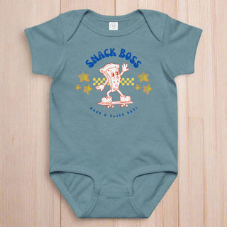 Blue baby onesie with 'Snack Boss' graphic design on a white background