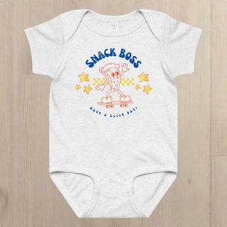 Gray baby onesie with 'Snack Boss' graphic design on a white background