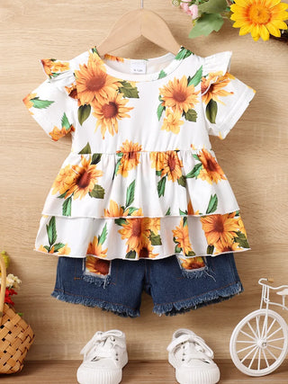 Sunflower Toddler Girl Outfit – Ruffle Top & Denim Shorts Set - Post & Poppy