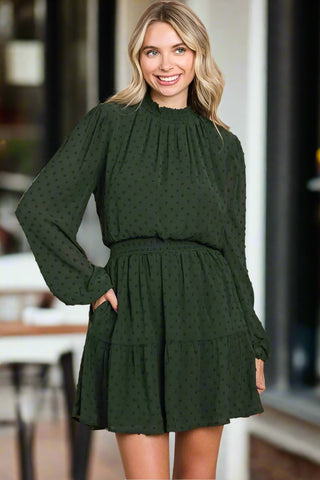 Green long sleeve swiss dot dress with smocked neckline, worn front-facing