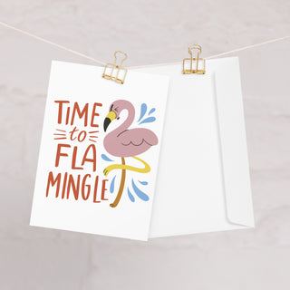 Time to Flamingle card with envelope displayed on light background with clips