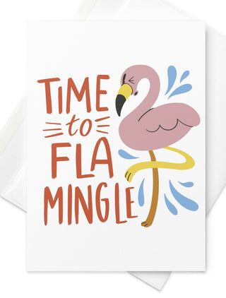 Front of flamingo greeting card with bold text and envelope