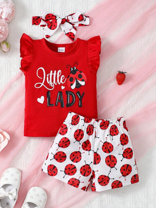 "Little Lady" Ladybug Outfit – Ruffle Sleeve Top, Shorts & Headband Set - Post & Poppy