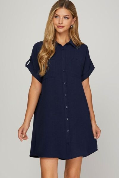 She + Sky Full Size Button Down Short Sleeve Woven Shirt Dress Plus Size - Post & Poppy