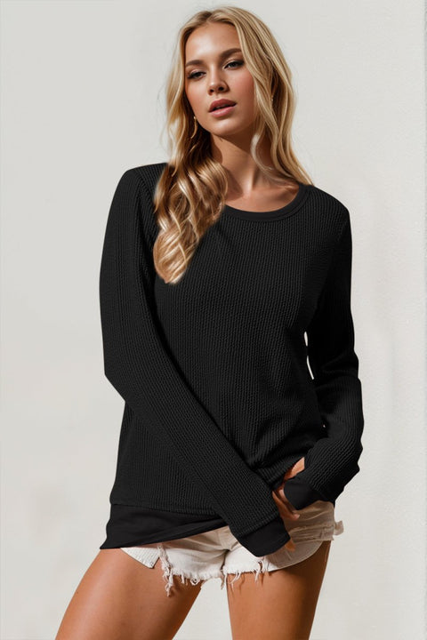 Ribbed Thumbhole Cuff Round Neck T-Shirt