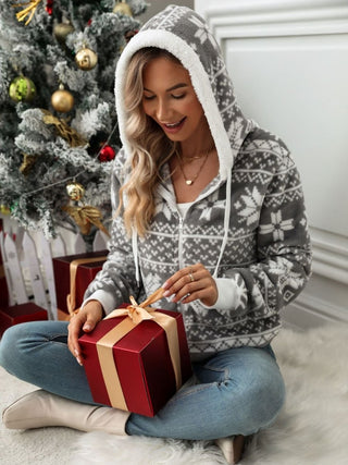 Drawstring Snowflake Zip Up Hooded Outerwear - Post & Poppy