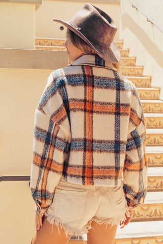BiBi Brushed Plaid Crop Jacket with Pockets - Post & Poppy