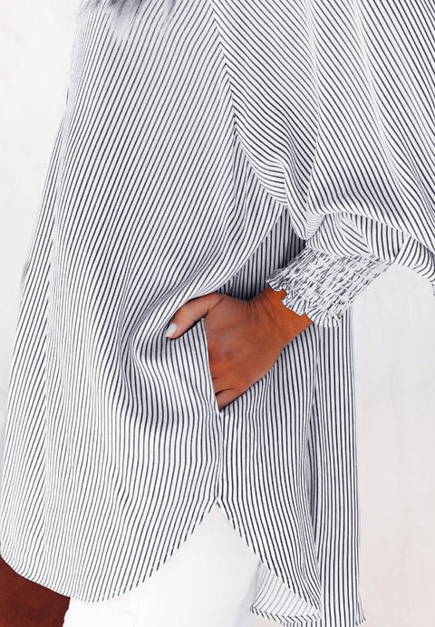 Striped Collared Neck Lantern Sleeve Shirt