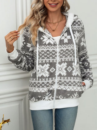 Drawstring Snowflake Zip Up Hooded Outerwear - Post & Poppy