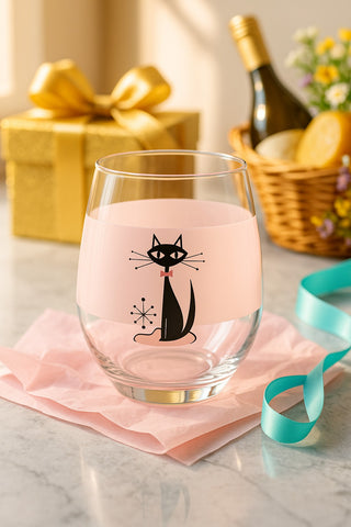 Clear glass with black cat design on pink liquid, placed on a marble surface with gift box and wine bottle in the background.