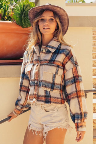 BiBi Brushed Plaid Crop Jacket with Pockets - Post & Poppy
