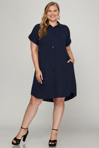 She + Sky Full Size Button Down Short Sleeve Woven Shirt Dress Plus Size - Post & Poppy