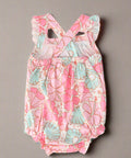Pink and aqua seashell baby romper with ruffle straps, back view