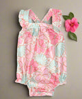 Pink and aqua seashell baby romper with ruffle straps, front view