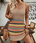 woman wearing beige striped knit tank mini dress with adjustable side ties