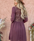 Back view of button-down dress with lace panel and relaxed skirt