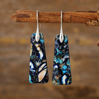 Black and blue natural stone earrings with a unique mineral-inspired pattern and copper accents.