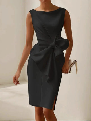 cocktail dress with bow Bow Detail Midi Dress – Elegant Wedding Guest or Cocktail Dress – Post & Poppy
