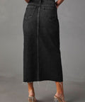Raw Hem Front Slit Denim Midi Skirt – Casual Chic with Pockets - Post & Poppy