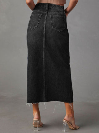 Raw Hem Front Slit Denim Midi Skirt – Casual Chic with Pockets - Post & Poppy