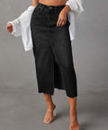 Raw Hem Front Slit Denim Midi Skirt – Casual Chic with Pockets - Post & Poppy