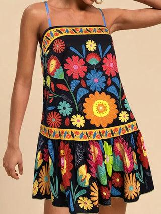 back view of black floral sleeveless mini dress for women