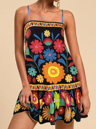black floral sleeveless mini dress colorful summer outfit
