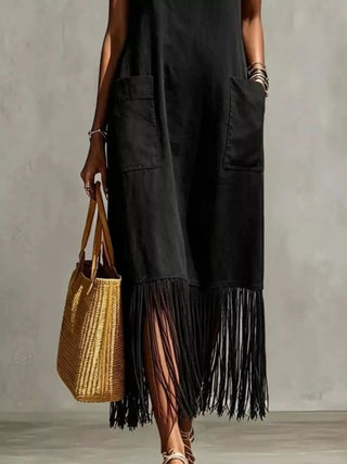 black spaghetti strap maxi dress with fringe hem and pockets