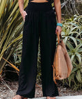 black wide leg pants with pockets and elastic waistband