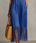 blue v neck maxi dress featuring fringe hem detail and side pockets