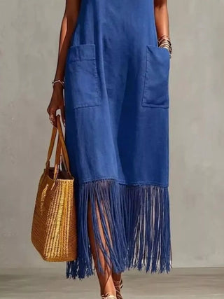blue v neck maxi dress featuring fringe hem detail and side pockets