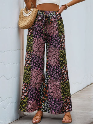 Boho Floral Patchwork Wide - Leg Pants – Lightweight High Waist Summer Trousers - Post & Poppy